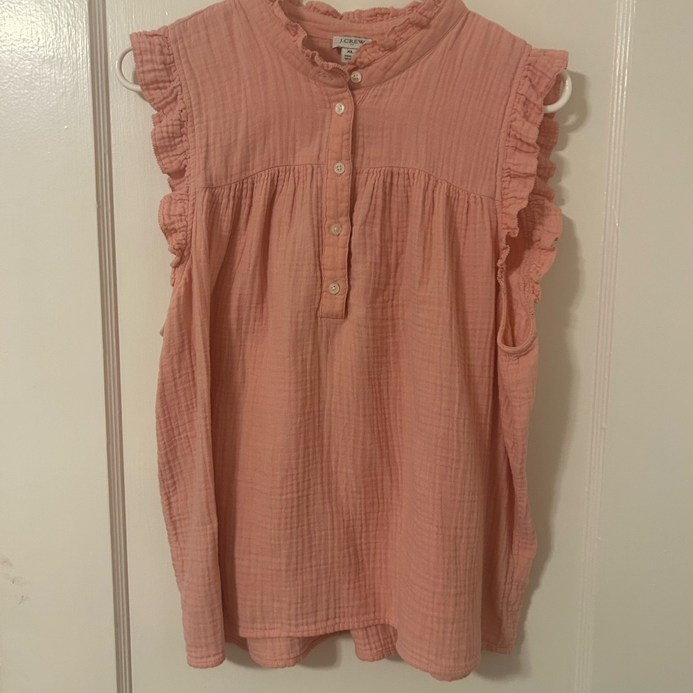 J. Crew Factory Coral Ruffle Button-Front Gauze Blouse